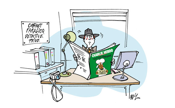 Détective privé lisant Charlie Hebdo